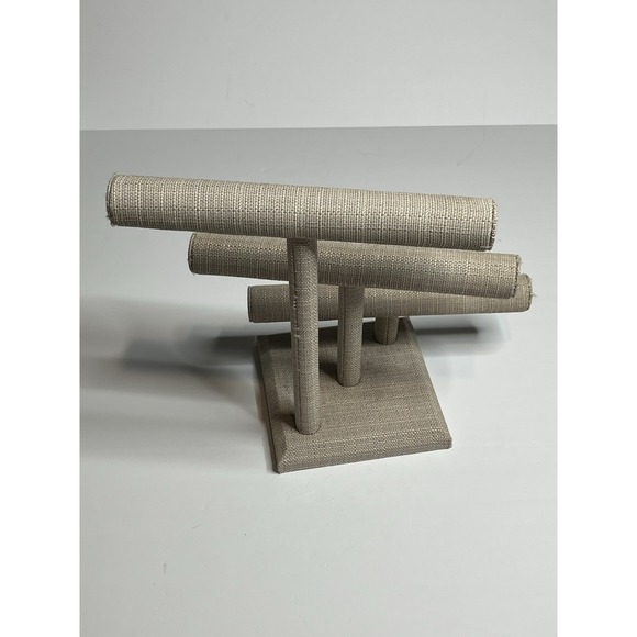 Triple Graduating T-Bar Jewelry Necklace Display Stand Beige Linen & Burlap - Picture 2 of 6